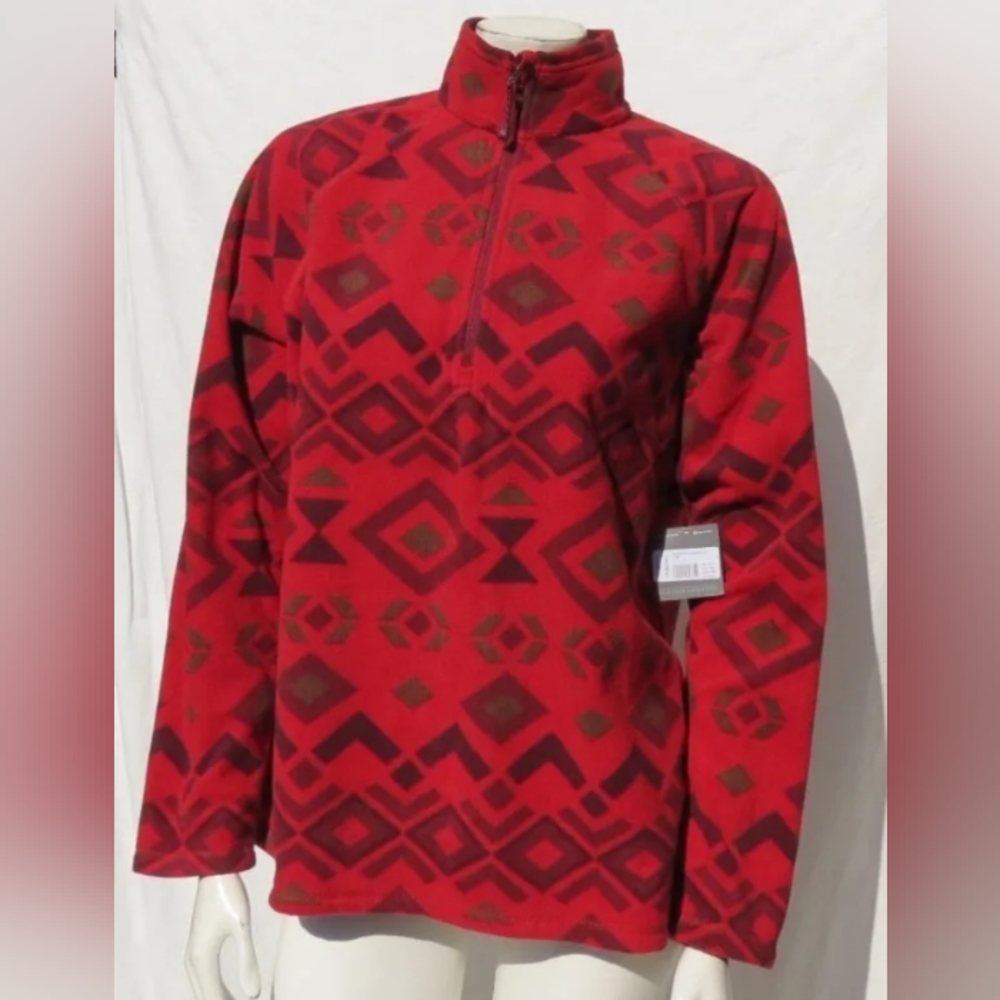 Small ruby Eddie Bauer zip fleece print geometric pattern red Christmas jacket